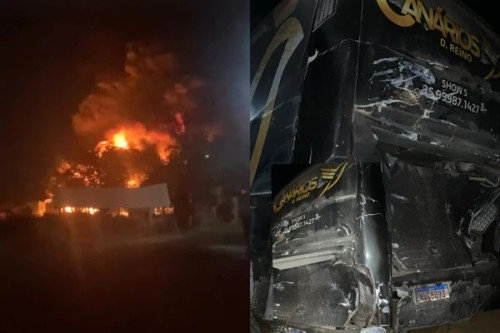 Caminhão pega fogo após bater em ônibus da banda Canários do Reino