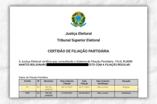 Sistema do TSE volta a mostrar Flávio Bolsonaro como filiado ao PL